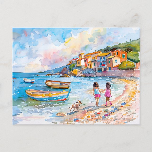 Barn med hund vid stranden i Medelhavet Helg Vykort (Framsida)
