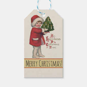 Barn med julgran Vintage Illustration Konst Presentetikett