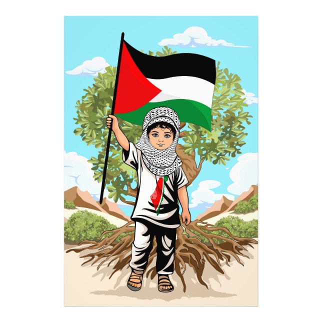 Barn med Keffiyeh Palestina Flagga och Olive Träd Fototryck (Framsidan)