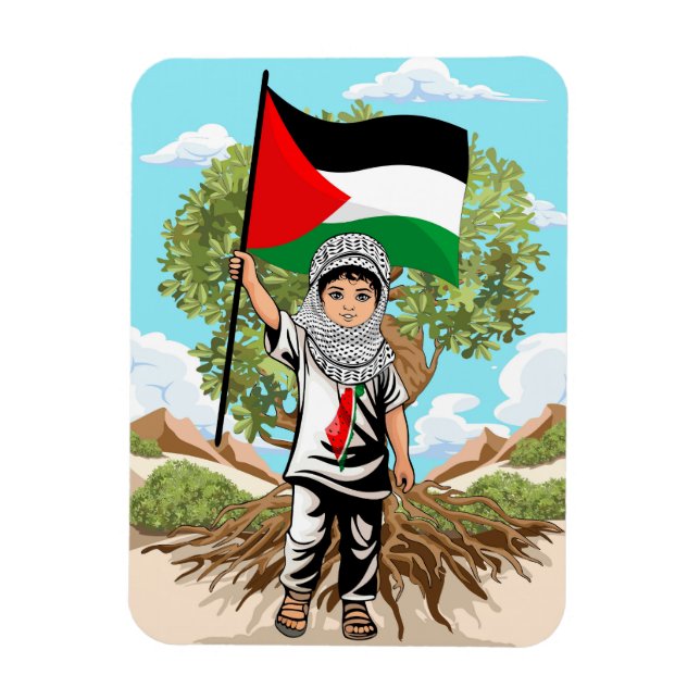 Barn med Keffiyeh Palestina Flagga och Olive Träd Magnet (Vertikal)