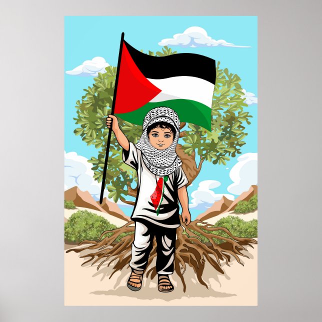 Barn med Keffiyeh Palestina Flagga och Olive Träd Poster (Framsidan)
