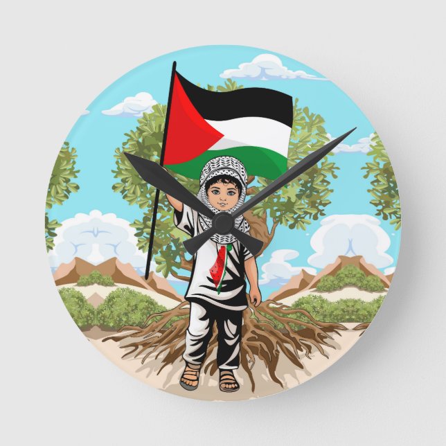 Barn med Keffiyeh Palestina Flagga och Olive Träd Rund Klocka (Framsida)