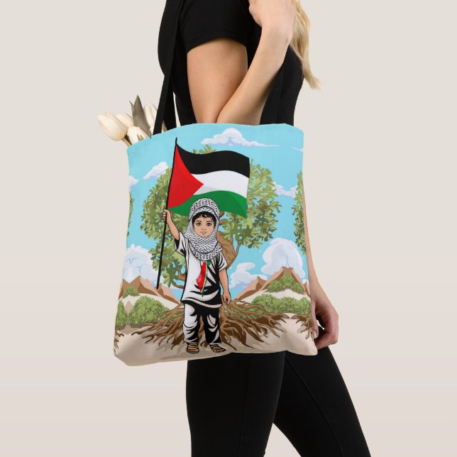 Barn med Keffiyeh Palestina Flagga och Olive Träd Tygkasse (Närbild)
