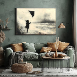 Barn med Kite vid havet i kolkonst Poster