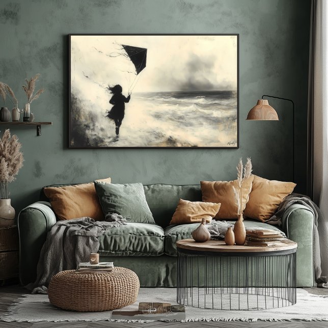 Barn med Kite vid havet i kolkonst Poster (Skapare uppladdad)