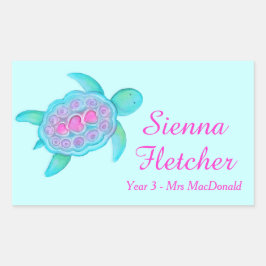 Barn med namn ID-sköldpaddshjärtan rosa aqua-klist Rektangulärt Klistermärke