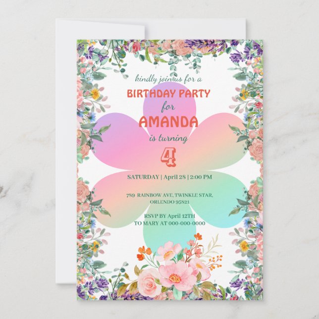 Barn med nedre regnbågsövertoning, blommigtens Föd Inbjudningar (Framsida)