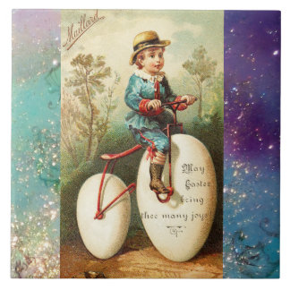 BARN MED PÅSKÄGG, CYKEL OCH FÄRGSATTA BLOMMOR KAKELPLATTA