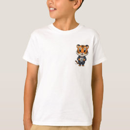 Barn med verkställande tigerboss som håller kaffek t shirt