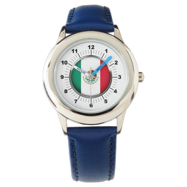 Barn Mexiko Flagga Blue Leather Strap Watch Armbandsur (Framsida)