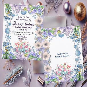 Barn Mjuk Pastel Blue Blooms Oval Blommigt Födelse Inbjudningar