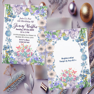 Barn Mjuk Pastel Blue Blooms Oval Blommigt Födelse Inbjudningar