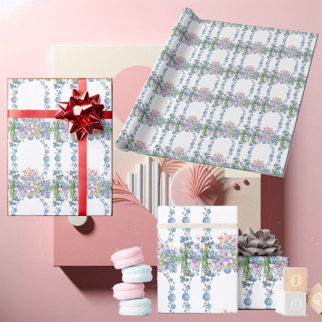 Barn Mjuk Pastel Blue Blooms Oval Blommigt Födelse Presentpapper (Kids Soft Pastel Blue Blooms Oval Floral Birthday Wrapping Paper)