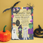 Barn Monster Bash Costume Halloween Birthday Invi Inbjudningar<br><div class="desc">Den här söta och skämtsamma födelsedagsfest inbjudan är perfekt för Halloween-säsongen. Den innehåller handritade vattenfärgbilder som t.ex. spökbild, häxa, mummi, Frankenstein, fladdermus och godisplaster ovanpå en läskig gult och marin blå abstrakt. Det är roligt, coola, unikt och lekfullt. perfekten är utformad för att ställa in stämningen för ditt barns speciella...</div>