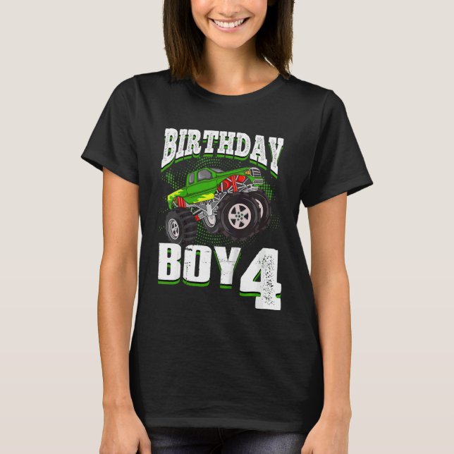Barn Monster Lastbil Birthday Boy är 4 barn T Shirt (Framsida)