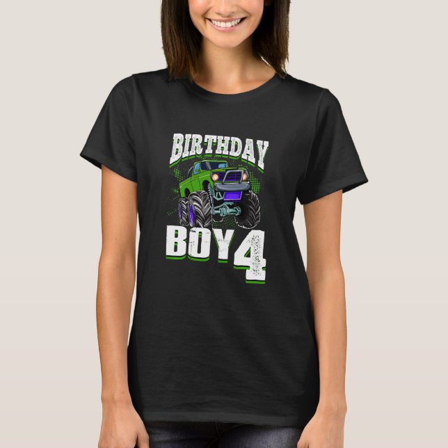 Barn Monster Lastbil Birthday Boy är 4 barn T Shirt (Framsida)