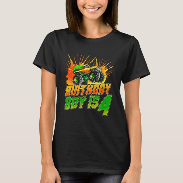 Barn Monster Lastbil Birthday Boy är 4 barn T Shirt (Framsida)