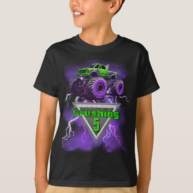 Barn Monster Lastbil som krossar "Ålder" Födelseda T Shirt (Framsida)