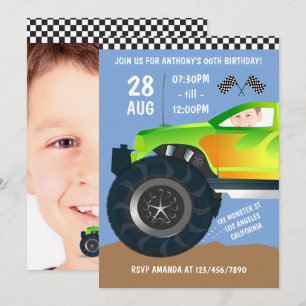 Barn Monster Truck Födelsedagsfest lägg till foto Inbjudningar