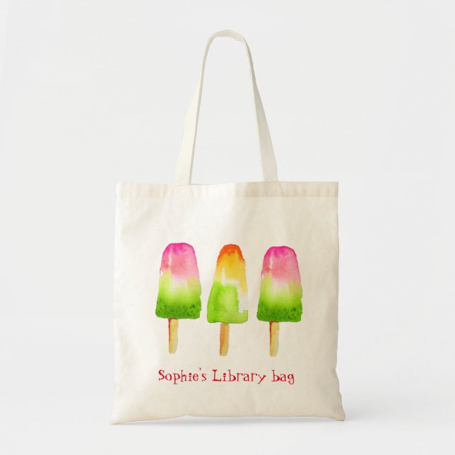 Barn namn, söt popsicle bok bibliotek säck tygkasse (Framsidan)