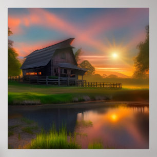 Barn nära dammen vid Sunset Poster