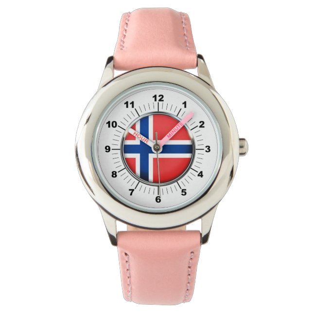 Barn Norge Flagga Rosa Leather Strap Watch Armbandsur (Framsida)