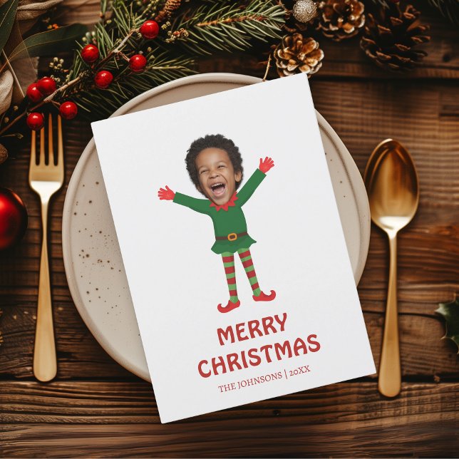 Barn och Ansikte och Namn Elf-julfonfamiljen Julkort (Elf Face Funny Photo Kid's Christmas Card)