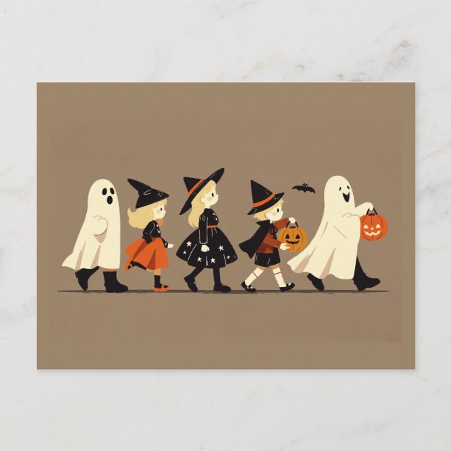 Barn och herrelösa eller behandlade på Halloween N Vykort (Framsida)