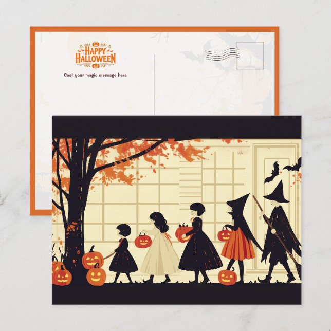 Barn och herrelösa eller behandlade på Halloween N Vykort (Fram/baksida)