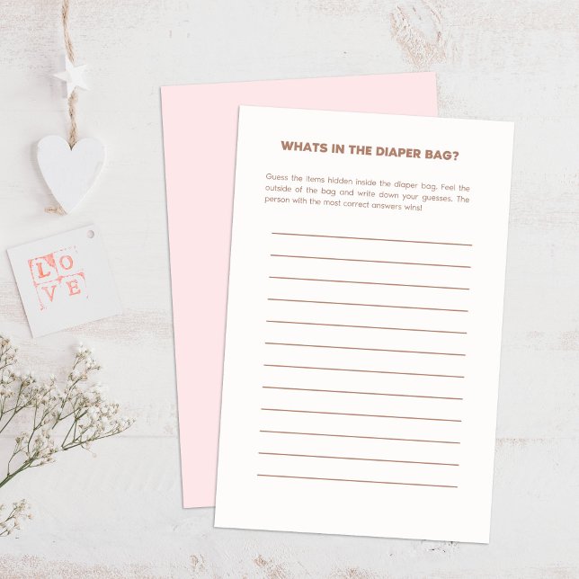 Barn- och Rosa-pratbubblor, babyvisningsspel (Bear & Pink Balloons Baby Shower Guessing Game on a boho wooden table.)