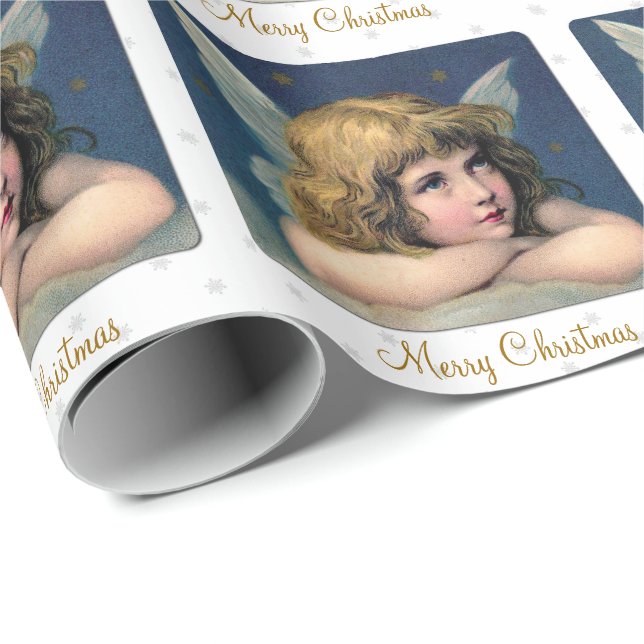 Barn och snöflingor för vintagejulängel presentpapper (Rullad Hörn)