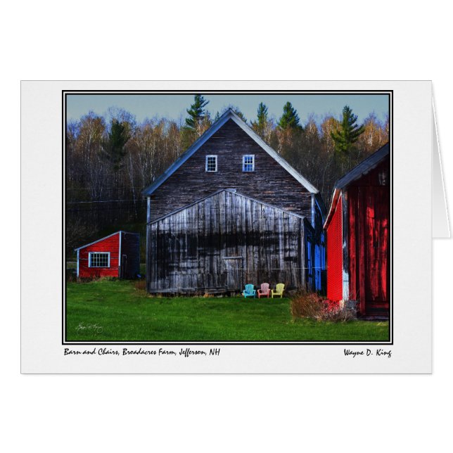 Barn och stolar, Broadacres Farm, Jefferson, NH Hälsningskort (Framsidan Horizontal)
