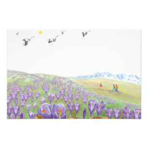 Barn på Lila Crocus Flowers Backe Fototryck