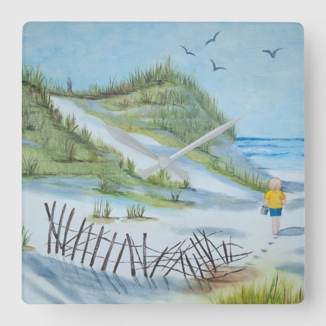 barn på sandstranden, vattenfärg fyrkantig klocka (Framsida)