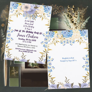 Barn Pastel Blue Little Flower Bud Blommigt Birthd Inbjudningar