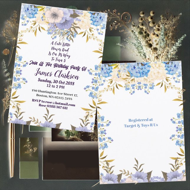 Barn Pastel Blue Little Flower Bud Blommigt Birthd Inbjudningar (Kids Pastel Blue Little Flower Bud Floral Birthday Invitation)