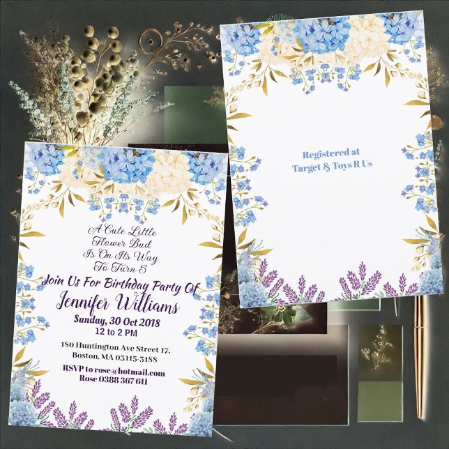 Barn Pastel Blue Little Flower Bud Blommigt Birthd Inbjudningar (Kids Pastel Blue Little Flower Bud Floral Birthday Invitation)