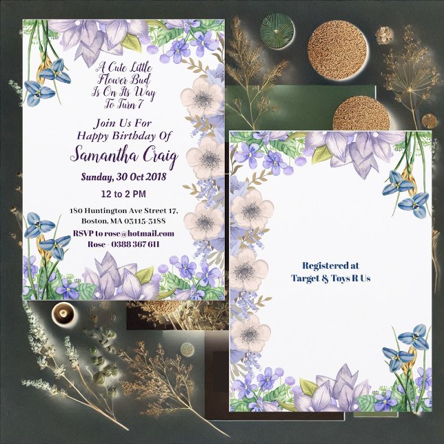 Barn Pastel Blue Little Flower Bud Blommigt Birthd Inbjudningar (Kids Pastel Blue Little Flower Bud Floral Birthday Invitation)