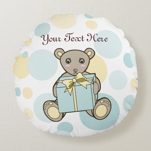 Barn Pastel Blue och Gult Cute Nalle Rund Kudde (Framsidan)
