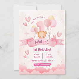 Barn Pastel Rosa Cute 1:a födelsedagsinbjudan Inbjudningar