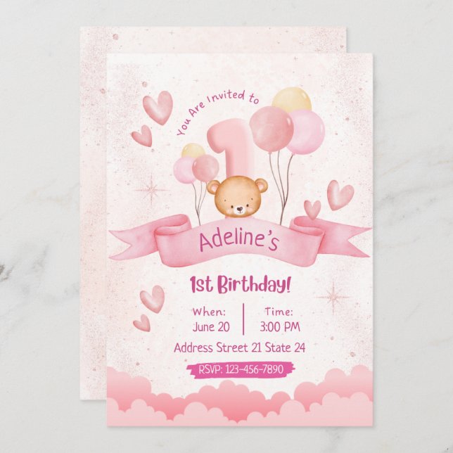Barn Pastel Rosa Cute 1:a födelsedagsinbjudan Inbjudningar (Fram/baksida)
