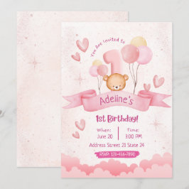 Barn Pastel Rosa Cute 1:a födelsedagsinbjudan Inbjudningar