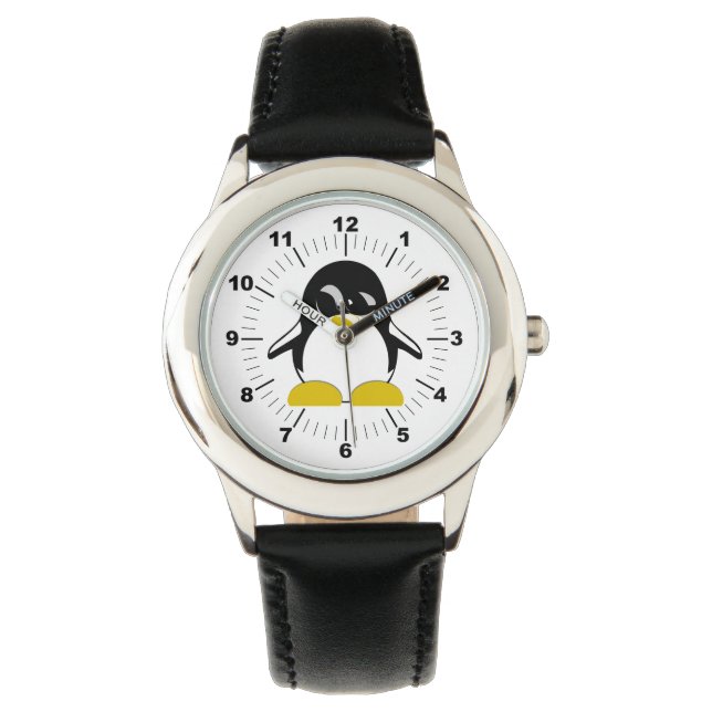 Barn Penguin Black Leather Strap Watch Armbandsur (Framsida)