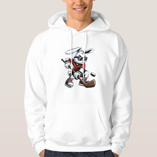 Barn Pojkar Glad Påskharen Spelar Hockey Påsk Hoodie (Framsida)