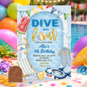 Barn Pojke Poolparty Dyk in i FYRA Födelsedag Inbjudningar
