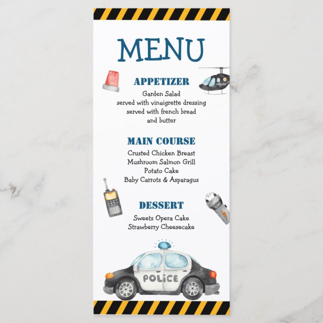 Barn Police Födelsedagsfest Menu Meny (Framsida)