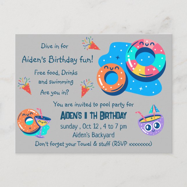 Barn pool party födelsedag vykort (Framsida)