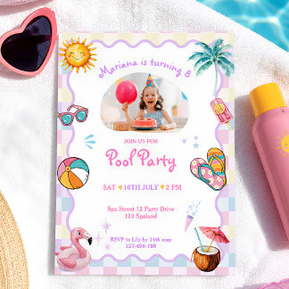 Barn Poolparty Anpassad Foto Födelsedag Inbjudningar