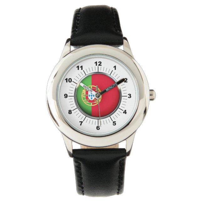 Barn Portugal Flagga Black Leather Strap Watch Armbandsur (Framsida)