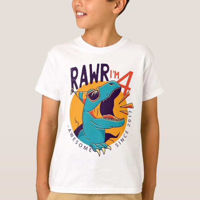 Barn Rawr I är 4:e födelsedagen T Rex Dinosaur Gif T Shirt (Framsida)